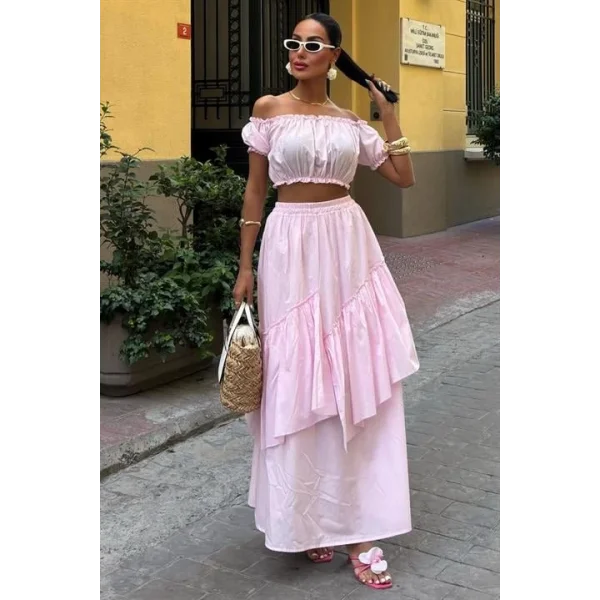 Büzgülü Crop Kat Detaylı Fırfır Etekli Takım 10196