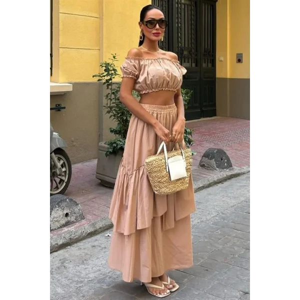 Büzgülü Crop Kat Detaylı Fırfır Etekli Takım 10196