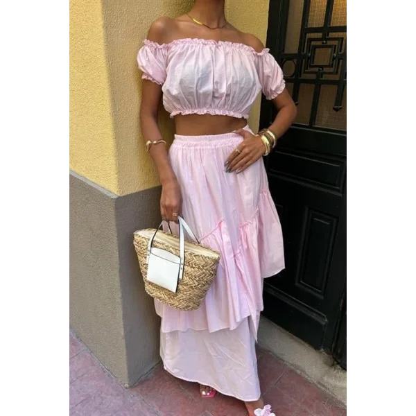 Büzgülü Crop Kat Detaylı Fırfır Etekli Takım 10196