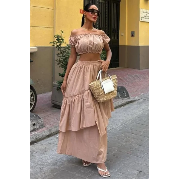 Büzgülü Crop Kat Detaylı Fırfır Etekli Takım 10196