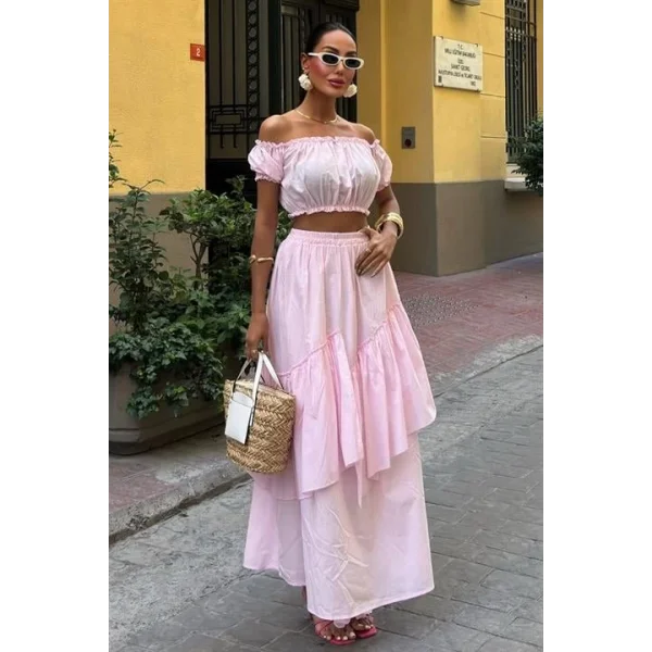 Büzgülü Crop Kat Detaylı Fırfır Etekli Takım 10196