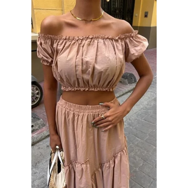 Büzgülü Crop Kat Detaylı Fırfır Etekli Takım 10196