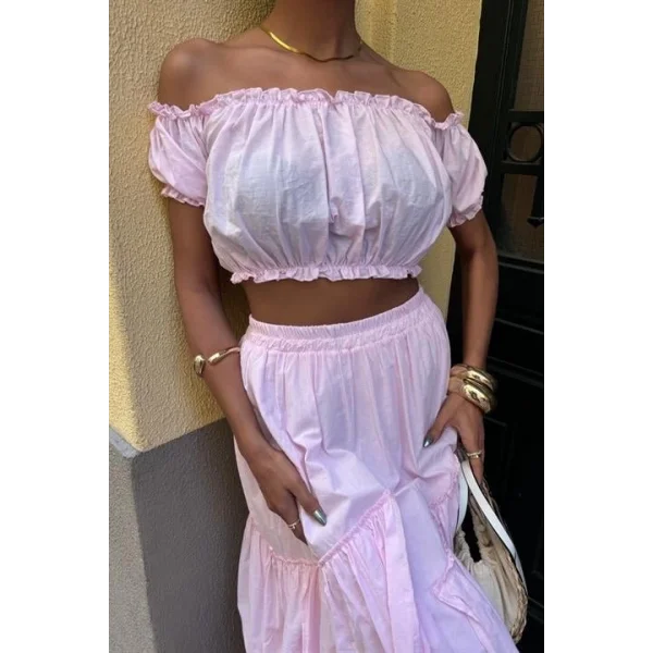 Büzgülü Crop Kat Detaylı Fırfır Etekli Takım 10196