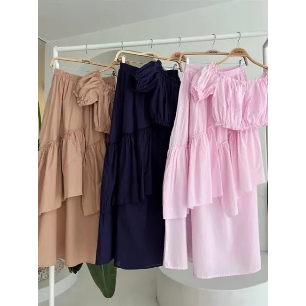 Büzgülü Crop Kat Detaylı Fırfır Etekli Takım 10196