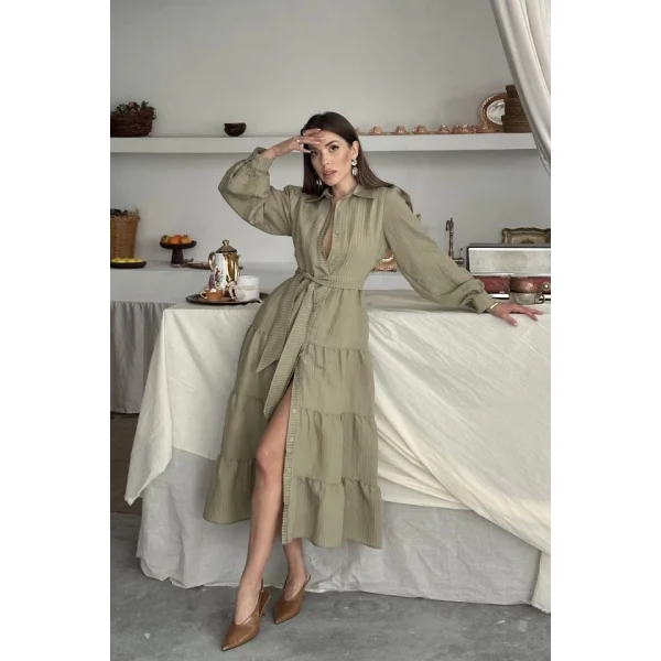 Çağla Çizgi Desenli Uzun Elbise