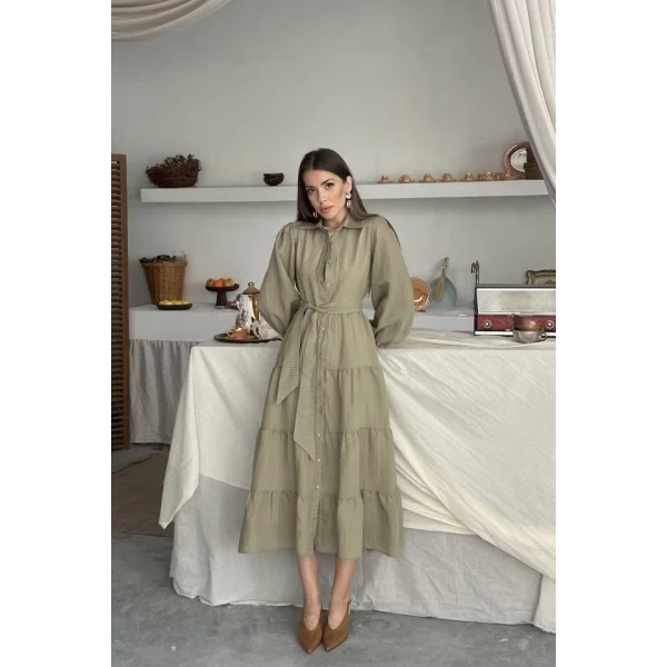 Çağla Çizgi Desenli Uzun Elbise