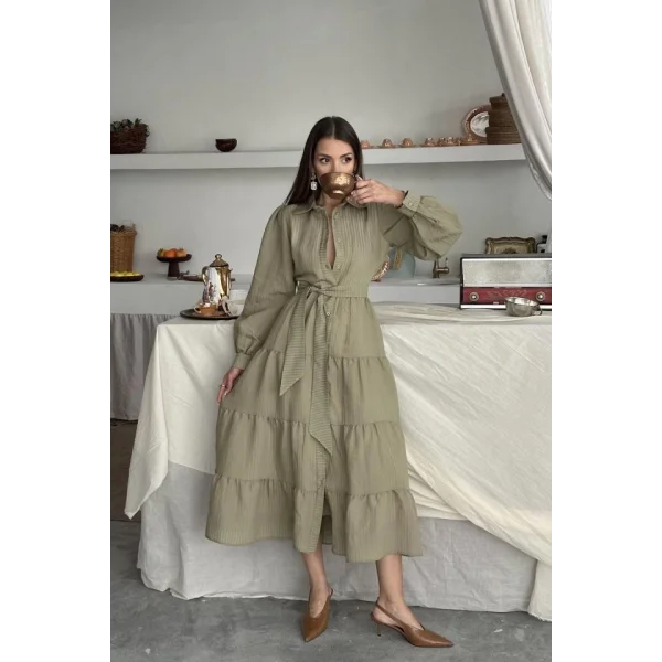 Çağla Çizgi Desenli Uzun Elbise