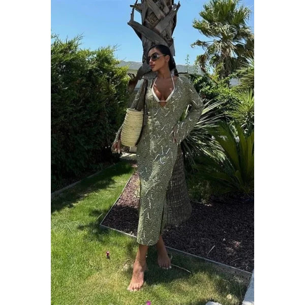 Caitlin Desenli Yırtmaç Detay Elbise 2410-08