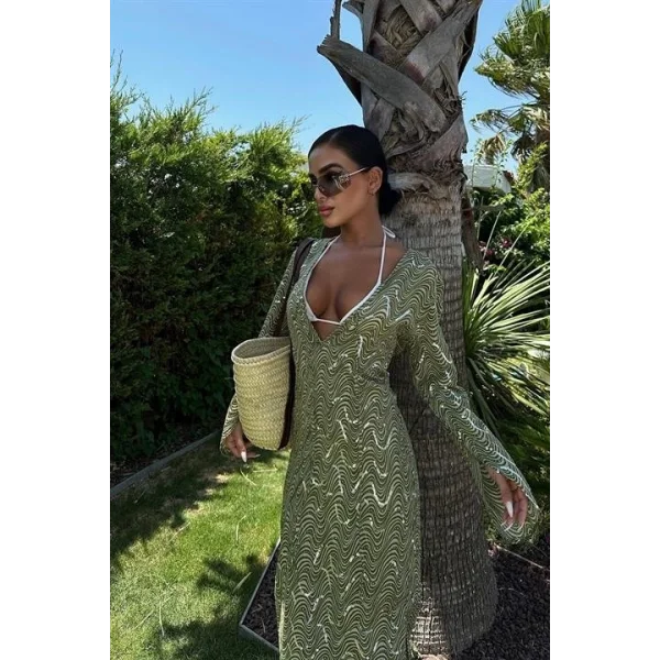 Caitlin Desenli Yırtmaç Detay Elbise 2410-08