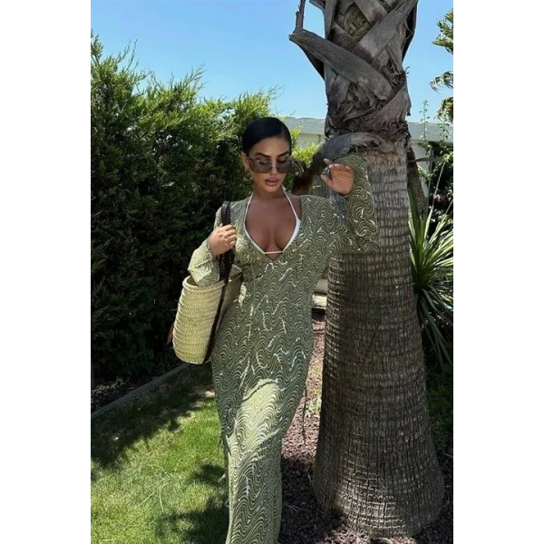 Caitlin Desenli Yırtmaç Detay Elbise 2410-08