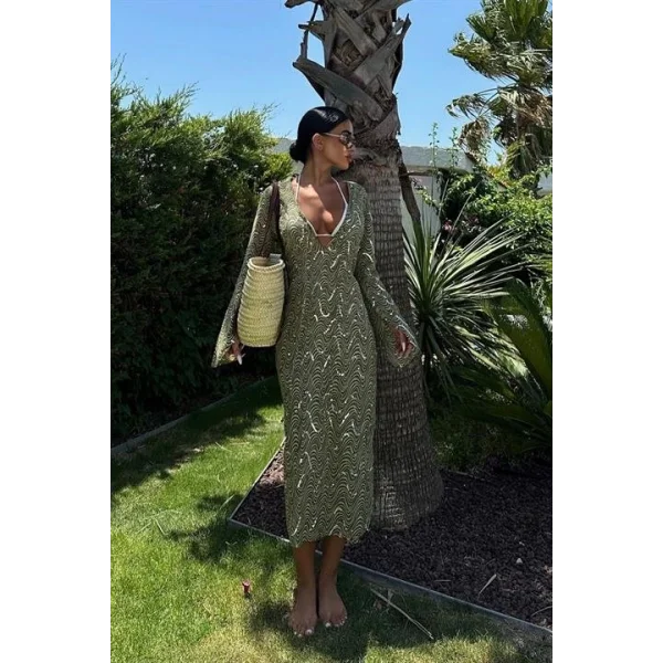 Caitlin Desenli Yırtmaç Detay Elbise 2410-08