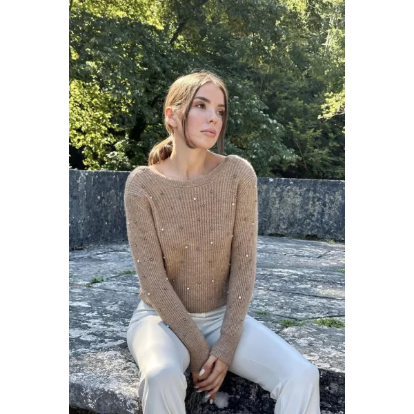 Camel Boncuklu Triko Kazak