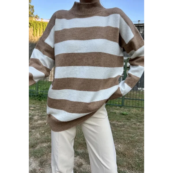 Camel Çizgili Triko Kazak