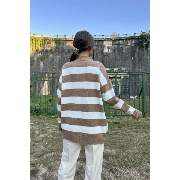 Camel Çizgili Triko Kazak