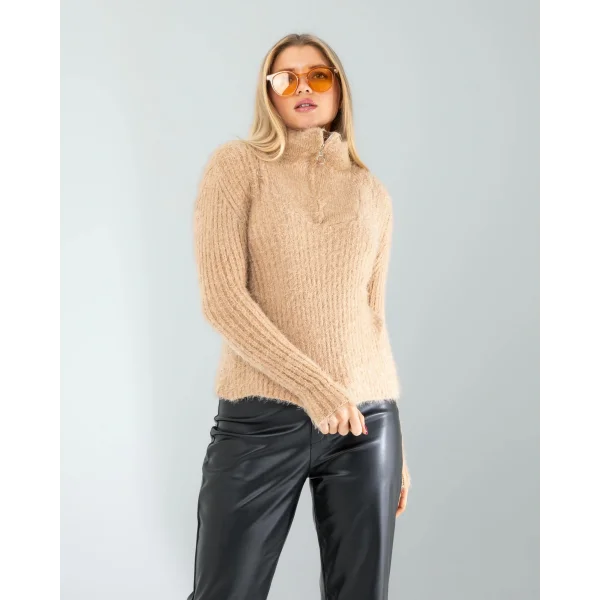 Camel Fermuarlı Sakal Triko