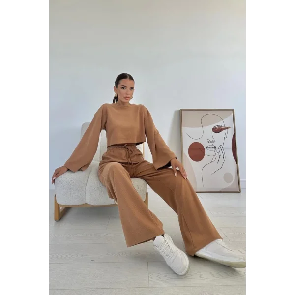 Camel Fitilli Bluz Ve Pantolon Takım