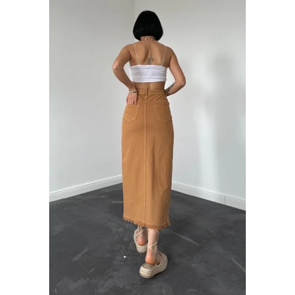 Camel Gabardin Boyamalı Püsküllü Etek