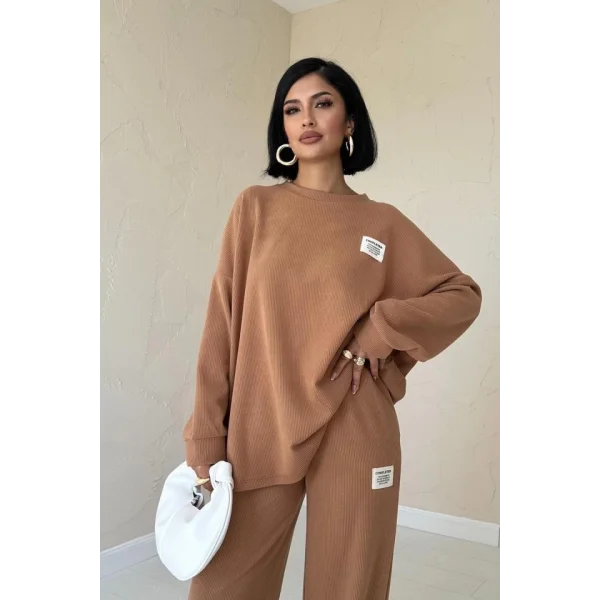 Camel Klasik Fitilli Kazak Ve Pantolon Takım