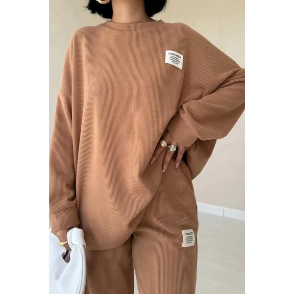 Camel Klasik Fitilli Kazak Ve Pantolon Takım