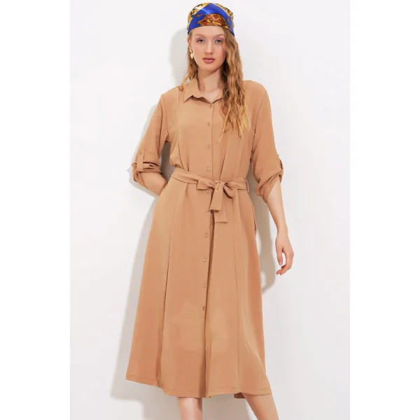 Camel Kuşaklı Gömlek Elbise 24