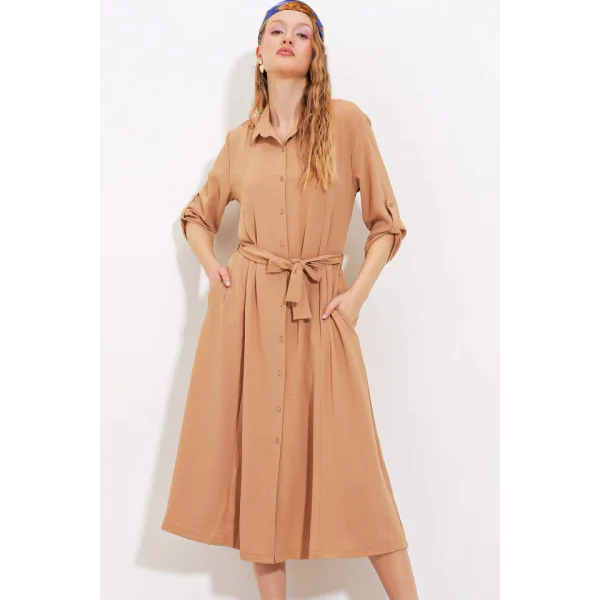 Camel Kuşaklı Gömlek Elbise 24
