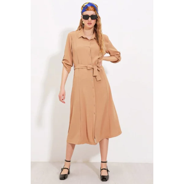 Camel Kuşaklı Gömlek Elbise 24
