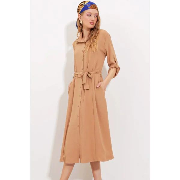 Camel Kuşaklı Gömlek Elbise 24