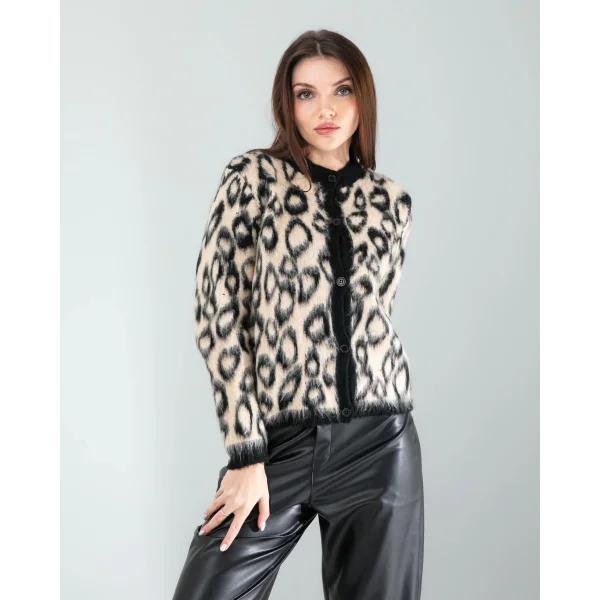 Camel Leopar Desen Sakal Triko Hırka