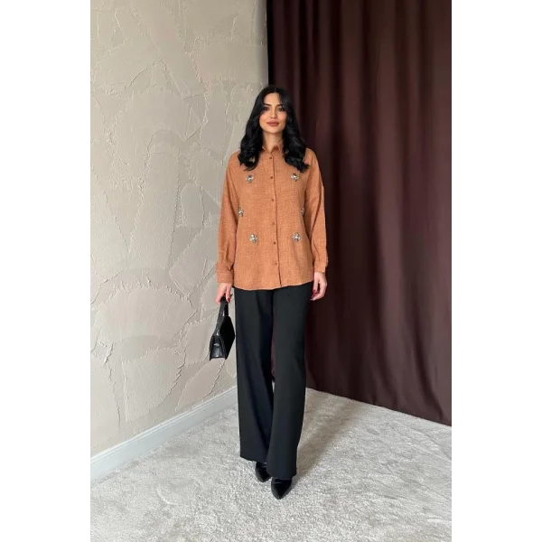 Camel Taş İşlemeli Gömlek