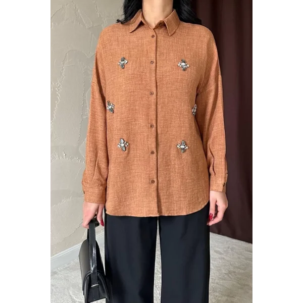 Camel Taş İşlemeli Gömlek