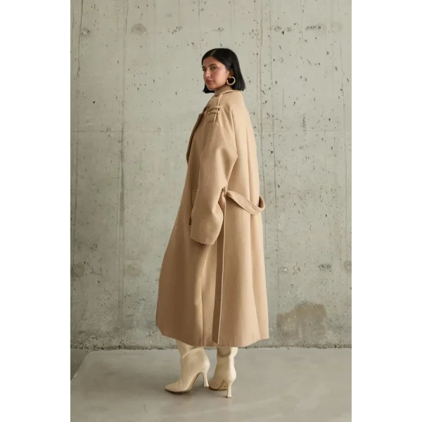 Camel Uzun Kaşe Kemerli Kaban