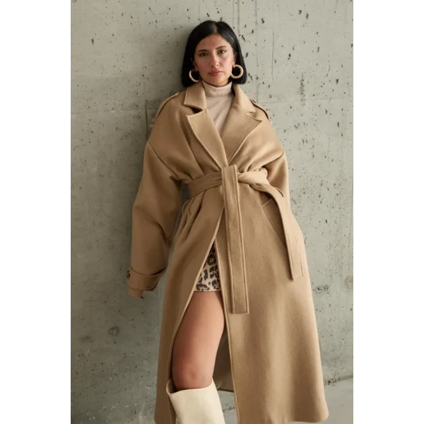 Camel Uzun Kaşe Kemerli Kaban