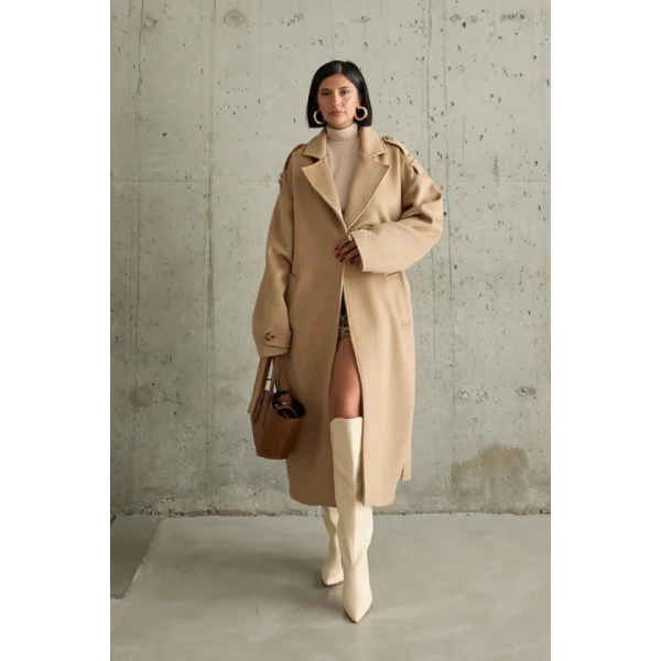 Camel Uzun Kaşe Kemerli Kaban