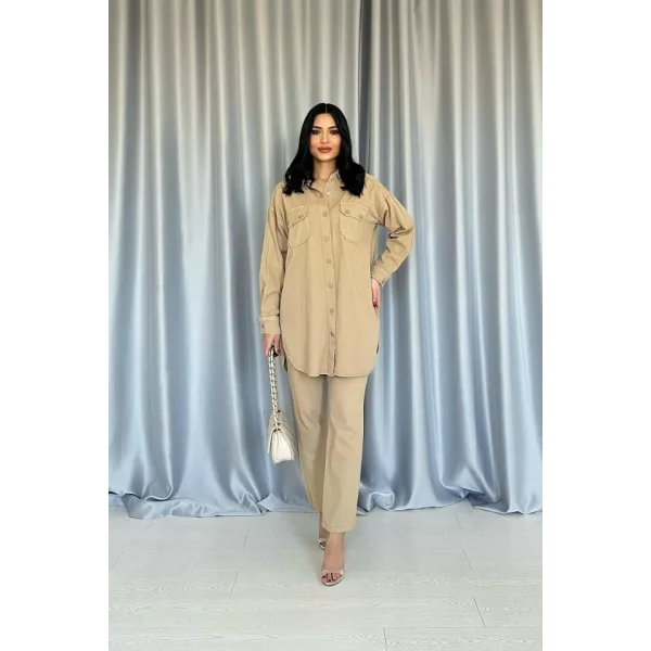 Camel Yıkamalı Gömlek Ve Pantolon Takım