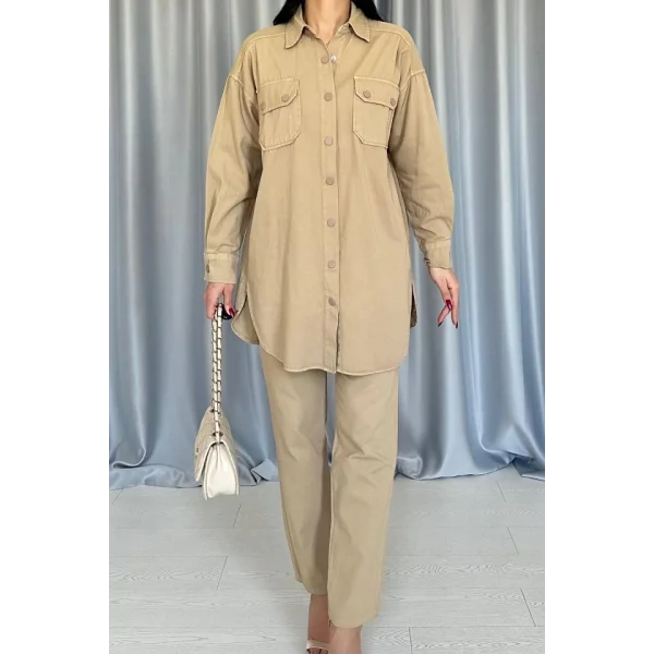 Camel Yıkamalı Gömlek Ve Pantolon Takım