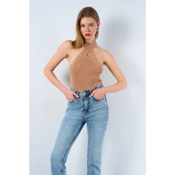 Çapraz Askılı Fitilli Atlet - Camel