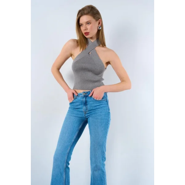 Çapraz Askılı Fitilli Atlet - Gri