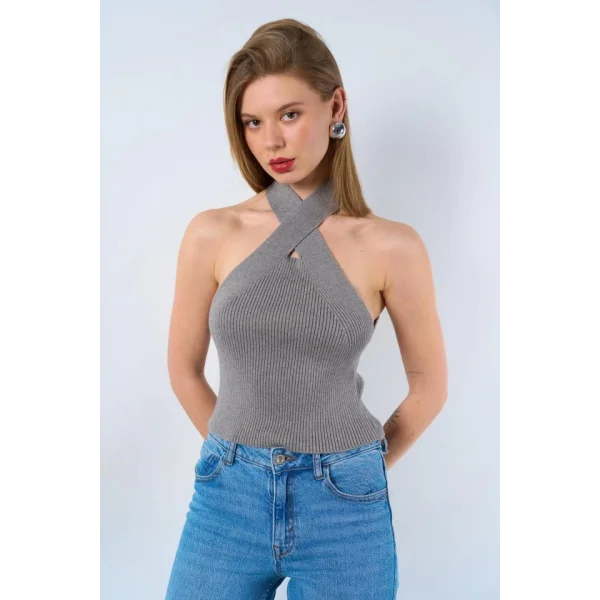 Çapraz Askılı Fitilli Atlet - Gri