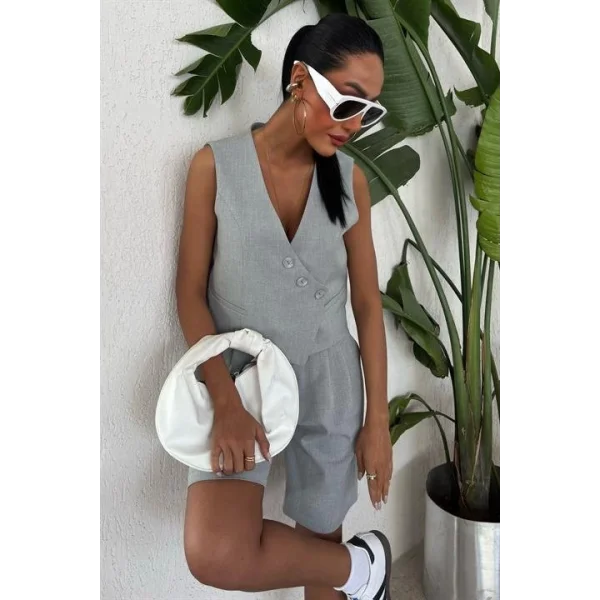 Çapraz Düğmeli Ve Bermuda Şortlu Yelekli Takım 10171