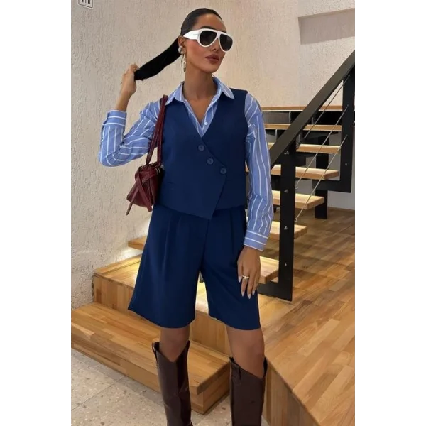 Çapraz Düğmeli Ve Bermuda Şortlu Yelekli Takım 10171