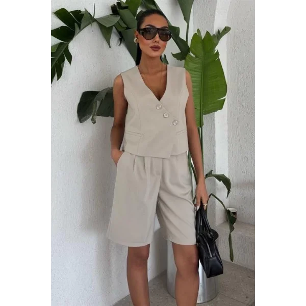 Çapraz Düğmeli Ve Bermuda Şortlu Yelekli Takım 10171