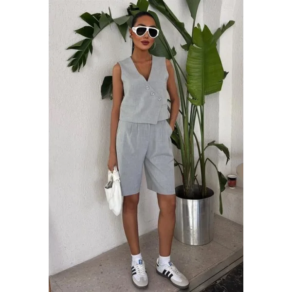 Çapraz Düğmeli Ve Bermuda Şortlu Yelekli Takım 10171