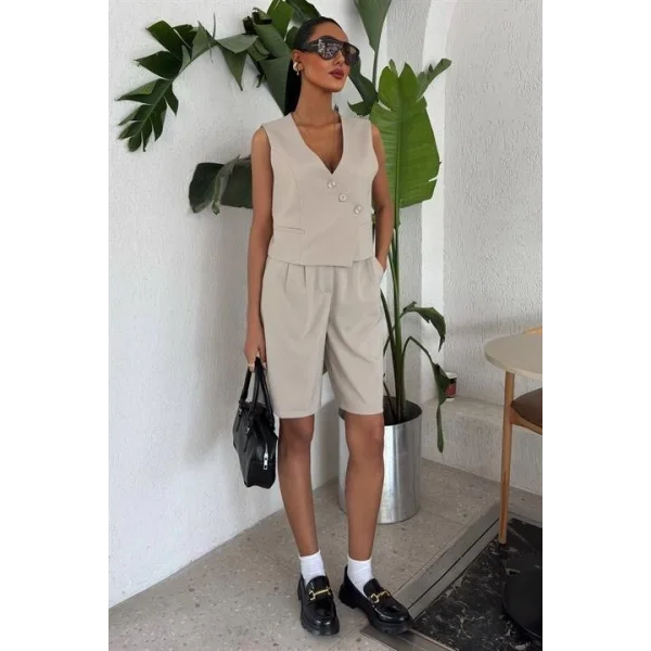 Çapraz Düğmeli Ve Bermuda Şortlu Yelekli Takım 10171