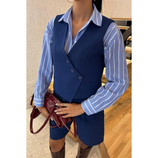 Çapraz Düğmeli Ve Bermuda Şortlu Yelekli Takım 10171