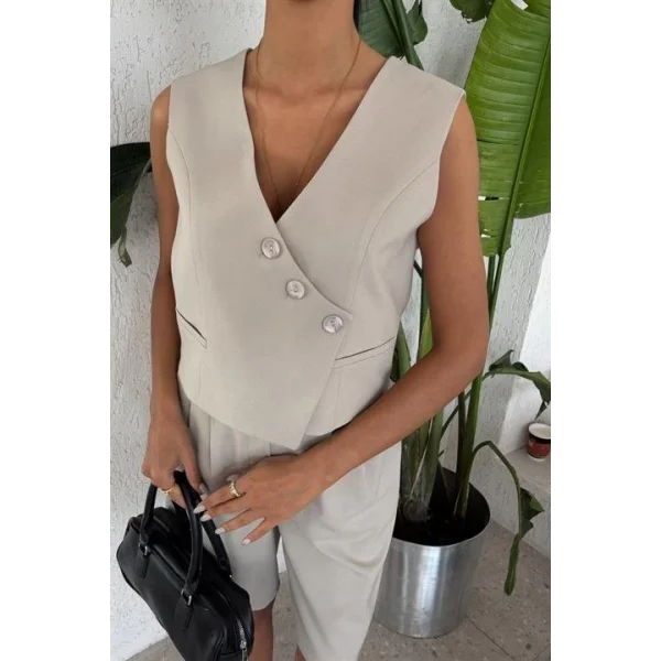 Çapraz Düğmeli Ve Bermuda Şortlu Yelekli Takım 10171