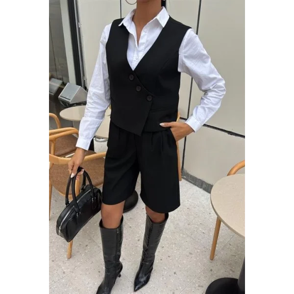 Çapraz Düğmeli Ve Bermuda Şortlu Yelekli Takım 10171