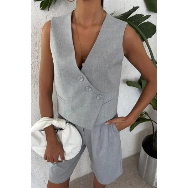 Çapraz Düğmeli Ve Bermuda Şortlu Yelekli Takım 10171