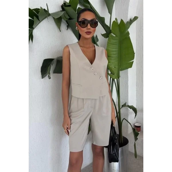 Çapraz Düğmeli Ve Bermuda Şortlu Yelekli Takım 10171