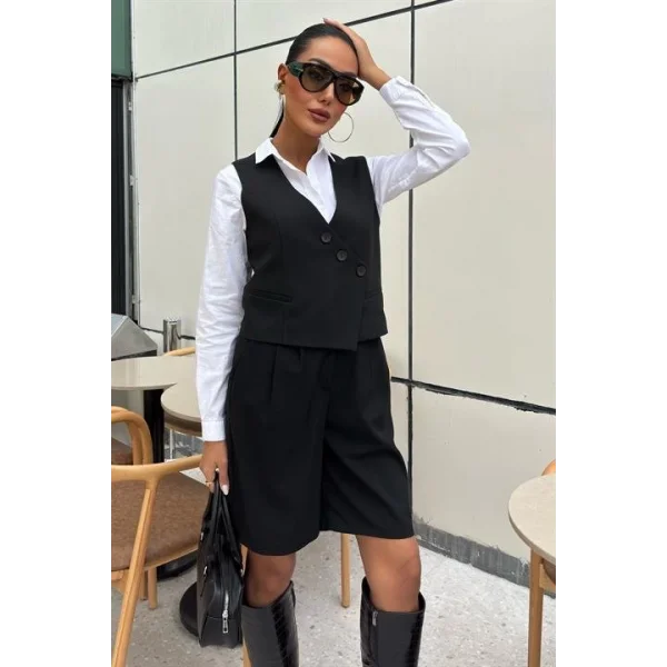 Çapraz Düğmeli Ve Bermuda Şortlu Yelekli Takım 10171