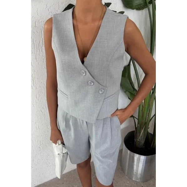Çapraz Düğmeli Ve Bermuda Şortlu Yelekli Takım 10171